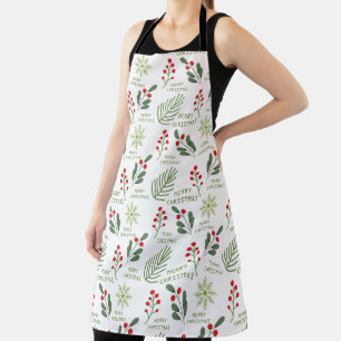 Holly Berries, Leaves, Snowflake Christmas Pattern Apron