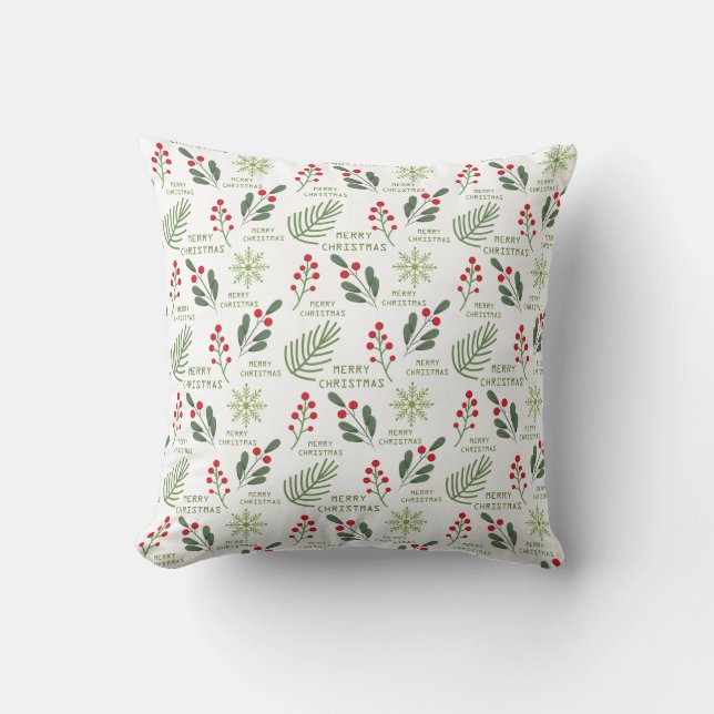 Holly Berries, Leaves, Snowflake Christmas Pattern Cushion (Front)