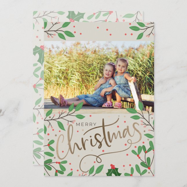 Holly Berries Merry Christmas Photo Holiday Card (Front/Back)