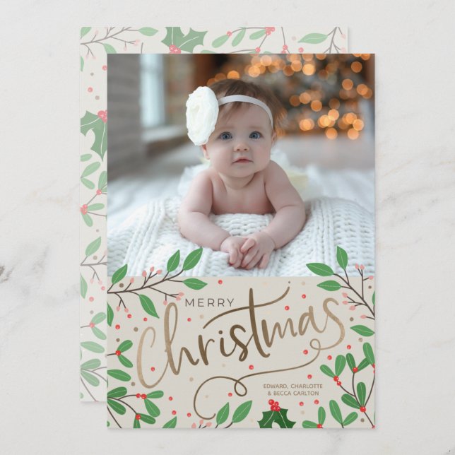 Holly Berries Merry Christmas Photo Holiday Card (Front/Back)