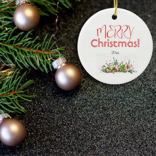 Holly Berries Merry Christmas watercolor Ceramic Ornament