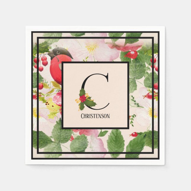 Holly Berries Monogram Letter C Family Name Paper  Napkin (Front)