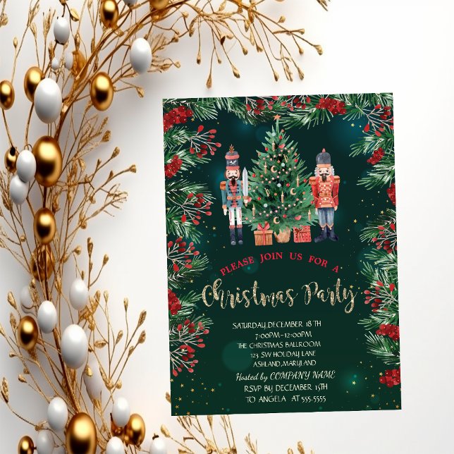 Holly Berries Nutcrackers Green Company Christmas  Invitation (Creator Uploaded)
