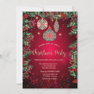 Holly Berries Ornaments Red Company Christmas Invitation