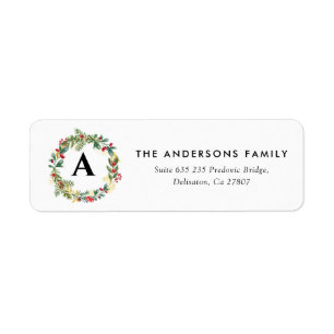 Holly Berries Pine Christmas Wreath Return Address Label