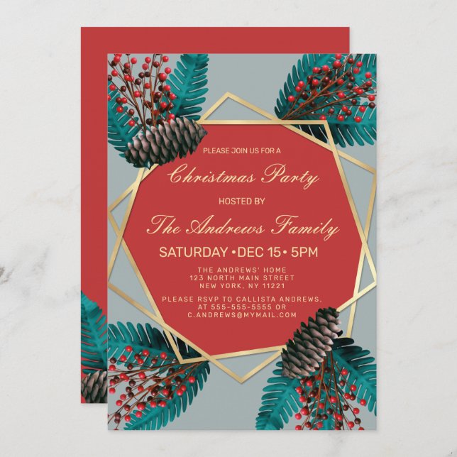 Holly Berries Pine Cone Bouquet Gold Geo Christmas Invitation (Front/Back)