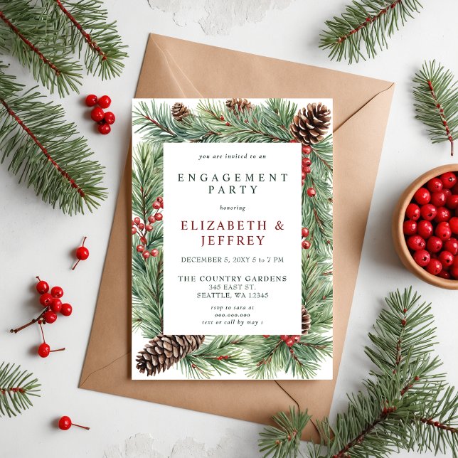 Holly Berries Pine Cone Christmas Engagement Party Invitation (Holly Berries Pine Cone Christmas Engagement Party Invitation)