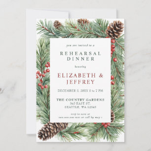 Holly Berries Pine Cone Christmas Rehearsal Dinner Invitation
