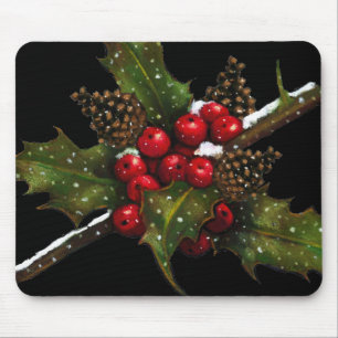 Holly Berries, Pine Cones: Christmas Oil Pastel Mouse Pad
