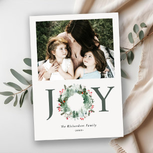 Holly Berries Pine Joy Christmas Wreath Photo Holiday Card