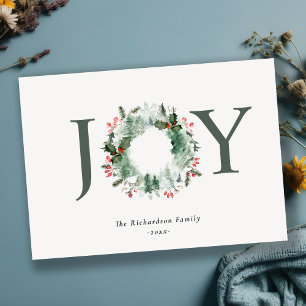 Holly Berries Pine Tree Joy Christmas Wreath Holiday Card