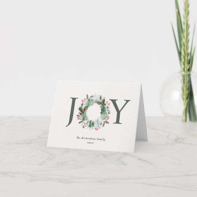Holly Berries Pine Tree Joy Christmas Wreath Holiday Card (Front)