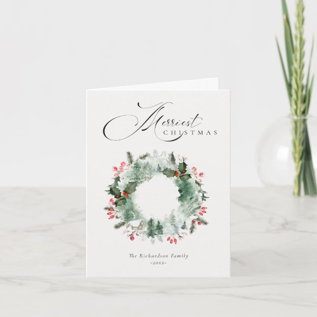 Holly Berries Pine Tree Red Christmas Wreath Holiday Card (Front)