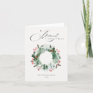 Holly Berries Pine Tree Red Christmas Wreath Holiday Card