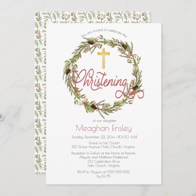 Holly | Berries Pine Wreath Christmas Christening  Invitation (Front/Back)
