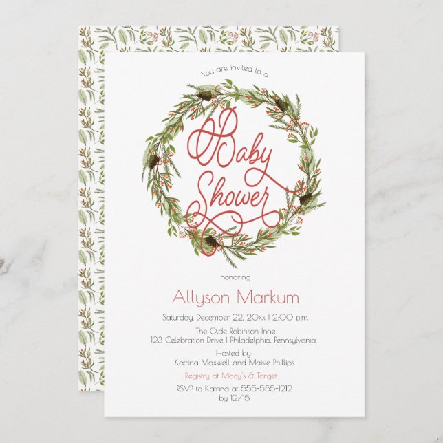 Holly | Berries Pine Wreath Holiday Baby Shower In Invitation (Front/Back)