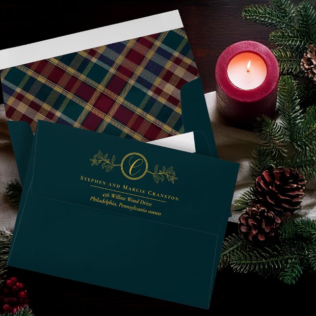 Holly Berries Plaid Gold Monogram Return Address Envelope (Elegant Holly and Berries with Gold Monogram Return Address and Inside Plaid Pattern Envelope - Teal)