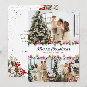 Holly Berries Poinsettia Christmas Lights Photo Holiday Card