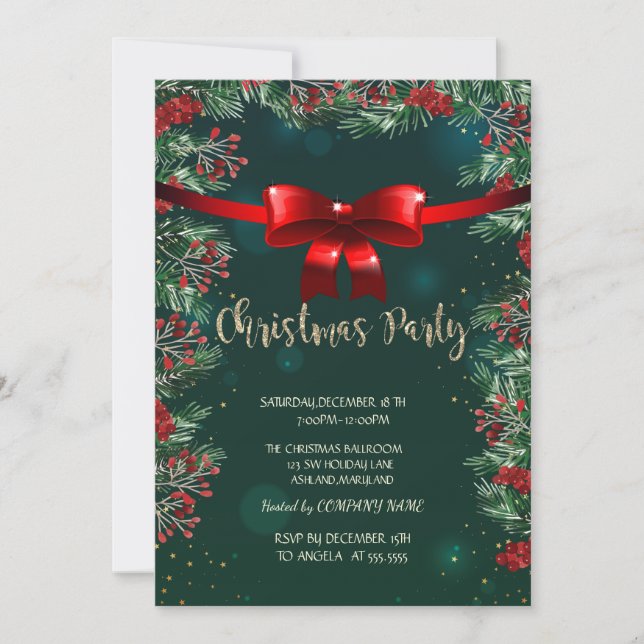 Holly Berries Red Bow Green Company Christmas Invitation (Front)