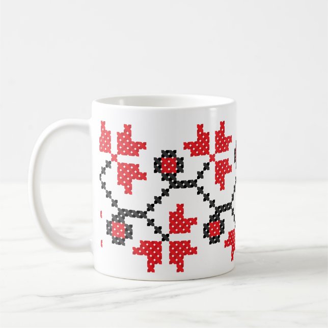 Holly Berries Red flower cross-stitch design Coffee Mug (Left)