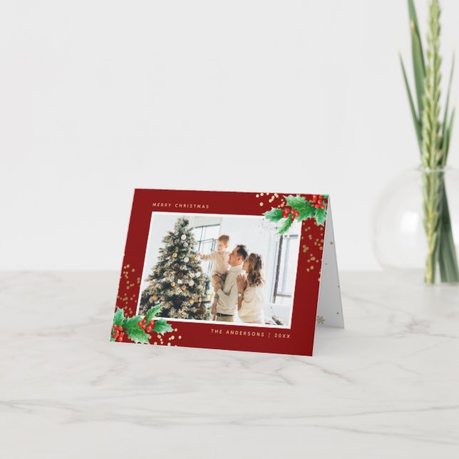 Holly Berries Red Gold Family Photo Christmas Holiday Card (Front)