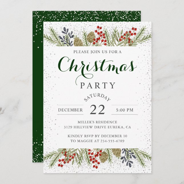 Holly Berries Silver Glitter Christmas Party Invitation (Front/Back)