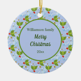 holly berries stars snow pattern Merry Christmas Ceramic Ornament