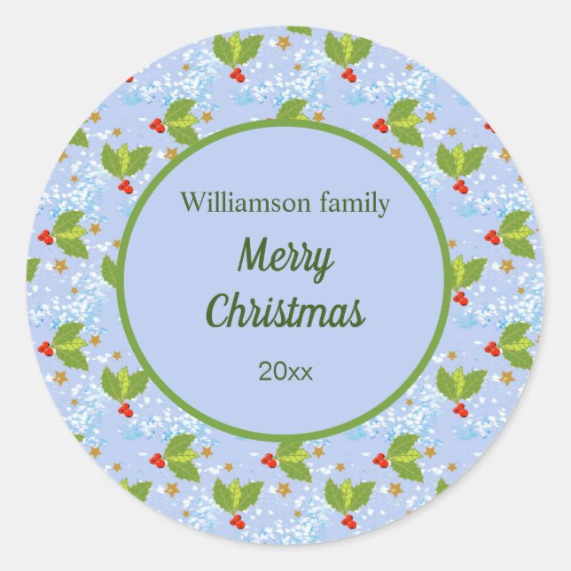 holly berries stars snow pattern Merry Christmas Classic Round Sticker (Front)
