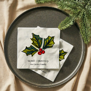 Holly Berries Watercolor Christmas Illustration Napkin