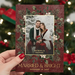 Holly Berries Wine Married Bright Christmas Photo Foil Holiday Card