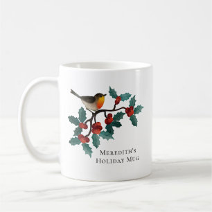 Holly Berries Winter Bird Personalised Holiday Coffee Mug