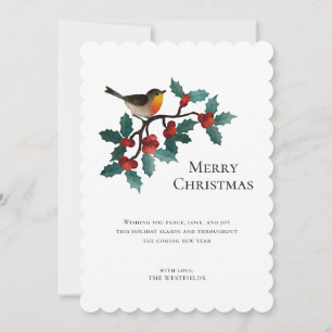 Holly Berries Winter Bird Scalloped Edge Christmas Holiday Card