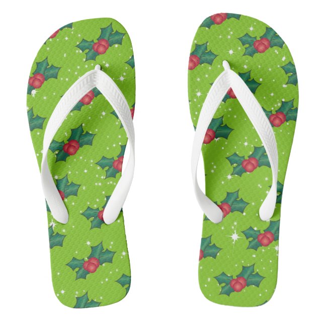 Holly Berries with Snow and Stars on Bright Green Thongs (Footbed)