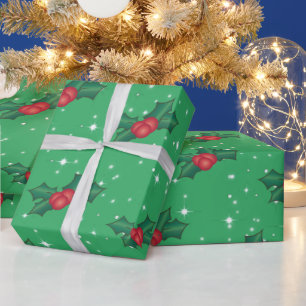 Holly Berries with Snow and Stars on Sea Green Wrapping Paper