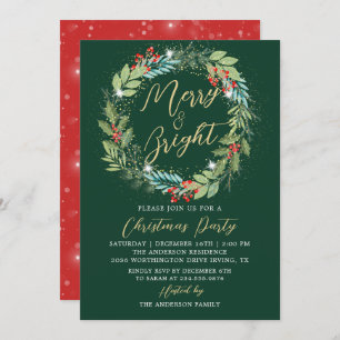 Holly Berries Wreath Green Red Christmas Party Invitation