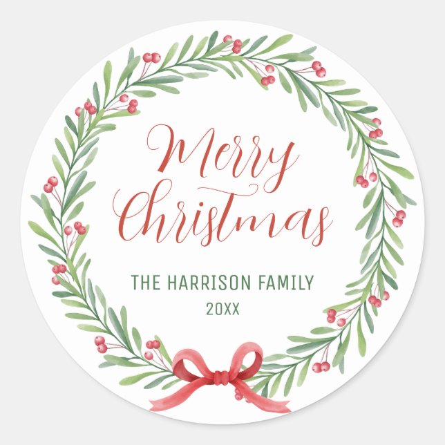 Holly Berries Wreath Greenery Christmas  Classic Round Sticker (Front)