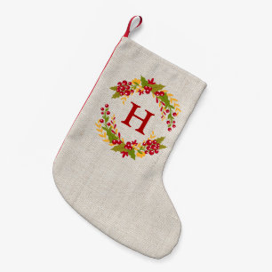 Holly Berries Wreath Monogram Rustic Linen Burlap Small Christmas Stocking