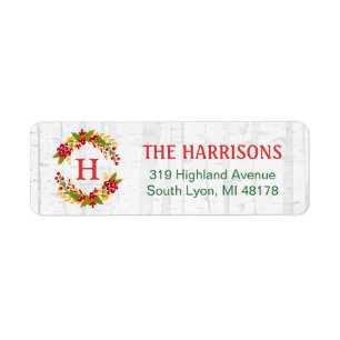 Holly Berries Wreath Monogram Winter Birch Wooden Return Address Label