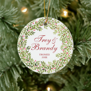 Holly Berries Wreath Personalised Engagement Ceramic Ornament