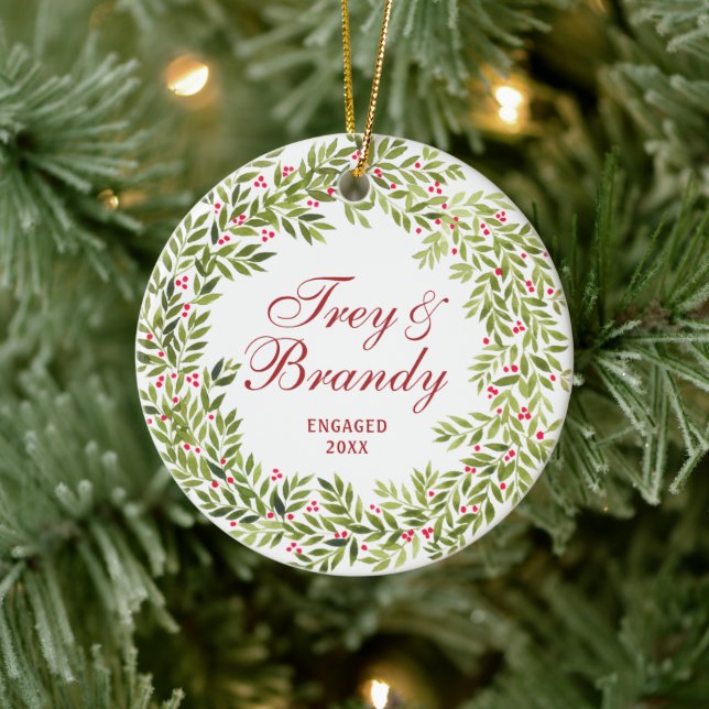 Holly Berries Wreath Personalised Engagement Ceramic Ornament (Tree)