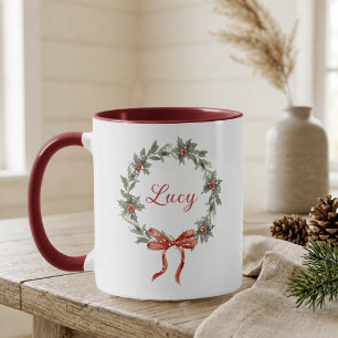 Holly Berries Wreath Personalized Christmas Mug