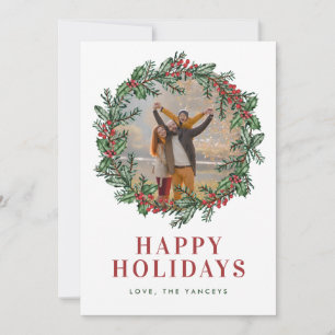 Holly & Berries Wreath Typographic Photo Holiday Card