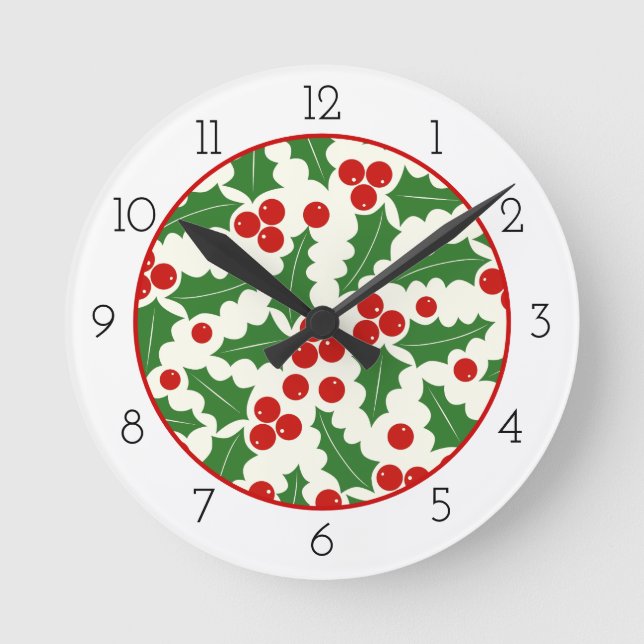 Holly berry and border Christmas holiday Round Clock (Front)