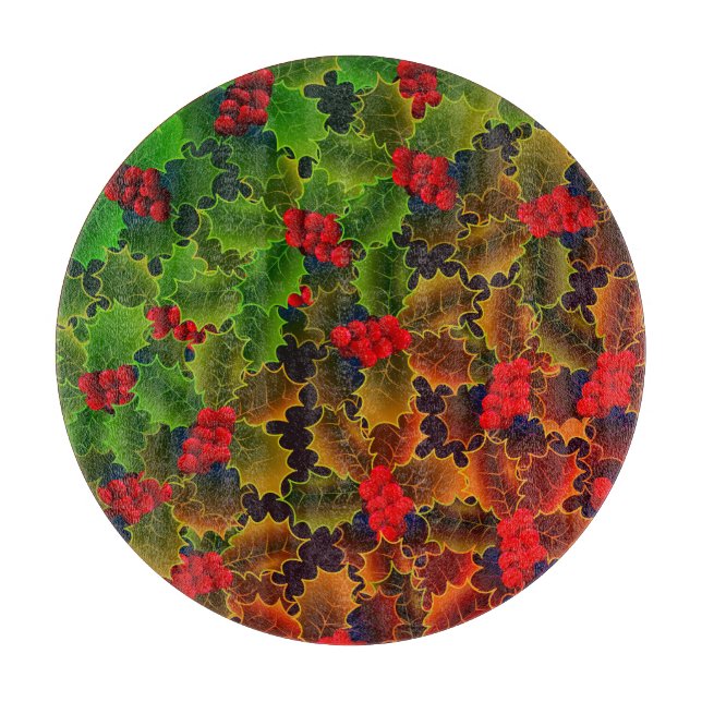 Holly berry and leaves glowing winter hearth cutting board (Front)
