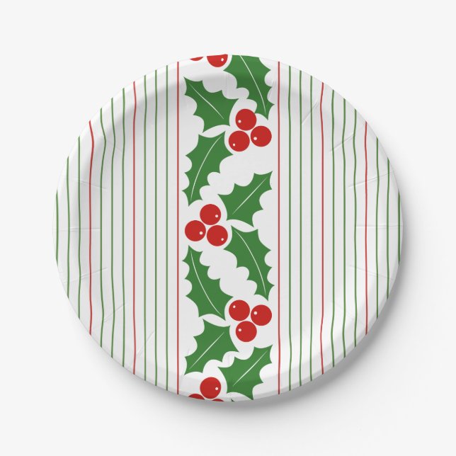Holly berry and red, green stripes Christmas Paper Plate (Front)