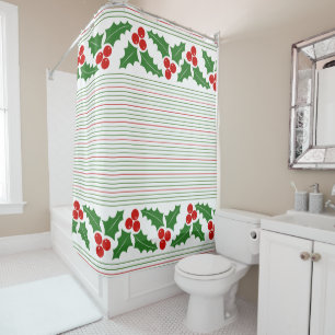 Holly berry and red, green stripes Christmas Shower Curtain