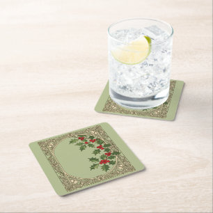 Holly-Berry Art-Nouveau Winter-Woodland Square Paper Coaster