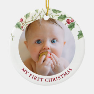 Holly Berry Baby first Christmas Photo Holiday Ceramic Ornament