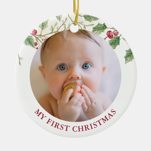 Holly Berry Baby first Christmas Photo Holiday Ceramic Ornament (Front)