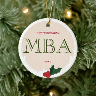 Holly Berry Beige Green MBA Graduation Name Year Ceramic Ornament